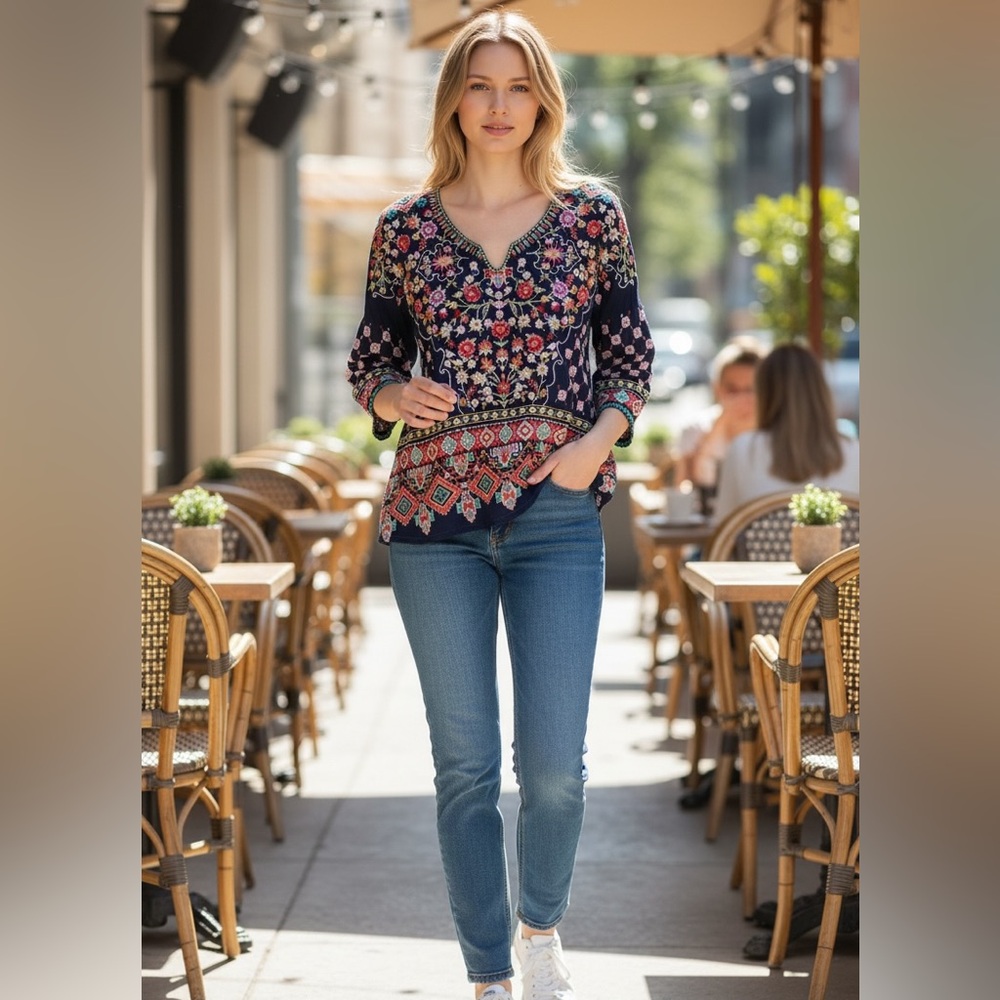 JOHNNY WAS Navy Heavily Embroidered Floral Tunic, M